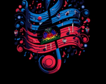 Haitian Flag Art T-Shirt, Digital Download, Vibrant Musical Design, Patriotic Haiti Graphics, Unisex Casual Wear, Gift Idea
