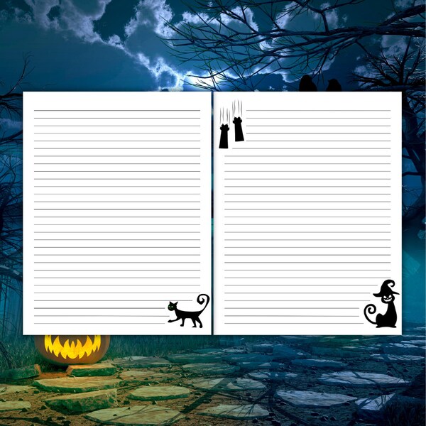 Printable Cat Themed Writing Paper Set, Kitty Lined Notebook Sheet, Black Cat Note Page, Witchy, Magical, Whimsical - Letter Size, Set Of 2