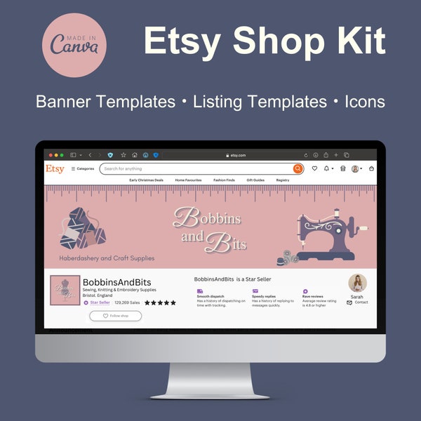 ETSY SHOP PAKET | Etsy Banner, Icon, Listing Template Kit | Bearbeitbare Canva Vorlage | Rosa Thema Etsy Nähzubehör Shop