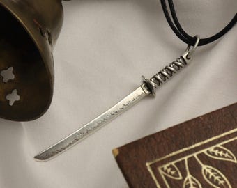 Ronin Sword Necklace, Forged Sterling Silver Katana Pendant with Chain, Handcrafted Fantasy Samurai Sword Necklace