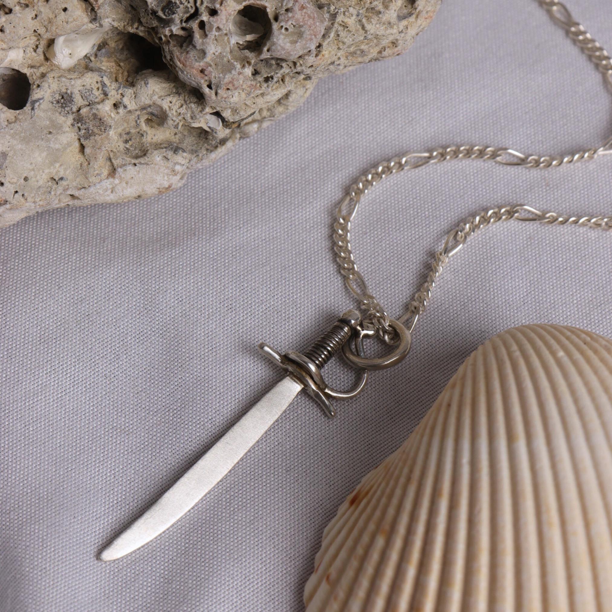 Small Pirate Sword Necklace, Forged Silver Cutlass Pendant with Chain, Medieval Saber Inspired Antiqued Silver Necklace