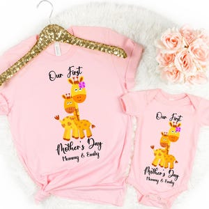 Personalized Our First Mothers Day Shirt, Mommy and Me Giraffe Shirt, Custom Name Mothers Day Outfit, Matching Mom and Baby Tee