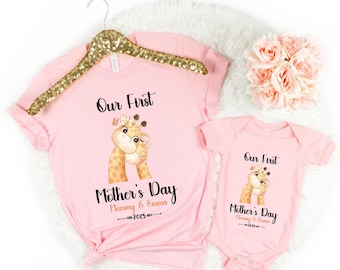 Personalized Our First Mother’s Day 2025 shirt, Matching Mommy and Baby Giraffe Tee, Custom Mom and baby, Gift Idea for Mother’s Day
