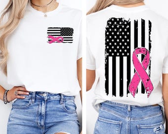 Breast Cancer Awareness Shirt: Ribbon USA Flag Tee