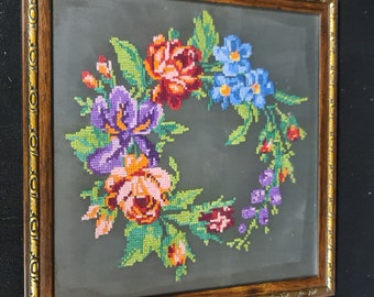 Vishivanka painting flowers, patterns, Ukrainian art 60-70s. raised by hand.Embroidery on fabric, framed under glass.