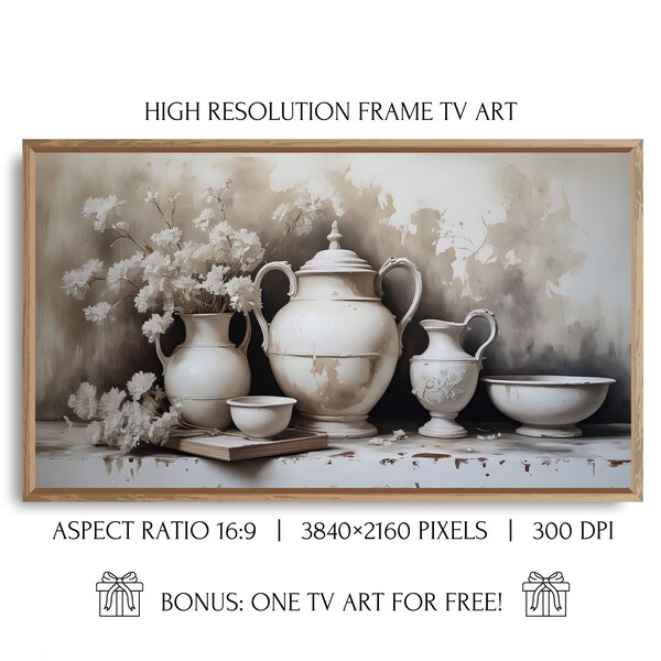 Samsung Frame TV. Oil Painting White Antique Vases, Wall Art For Your Smart TV, Digital Download Samsung, Antique Painting Wall Art