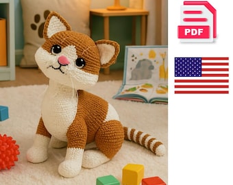 Padrão de crochê amigurumi de gato ruivo realista – PDF simples + tutoriais em vídeo