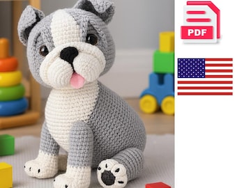 Patrón de crochet de bulldog inglés • Cachorro amigurumi PDF + vídeos