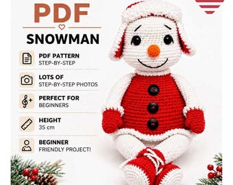 May include: A crochet snowman doll with a white head, orange nose, and red hat, wearing a red dress with three black buttons and red mittens. The text reads ENGLISH CROCHET PDF SNOWMAN, PDF PATTERN STEP-BY-STEP, LOTS OF STEP-BY-STEP PHOTOS, PERFECT FOR BEGINNERS, HEIGHT 35 cm, BEGINNER FRIENDLY PROJECT!