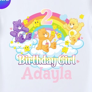 Födelsedags-t-shirt med Care Bears | Canva-mall | Redigerbart namn och ålder |