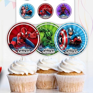 May include: A set of 12 round cupcake toppers featuring various superhero characters from the Marvel universe. The toppers are printed on a white background with a colorful design. The text "Birthday Squad" is printed on each topper.