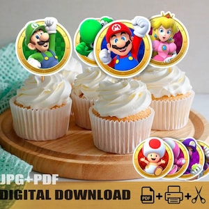 May include: Cupcakes with white frosting and character toppers featuring Mario, Luigi, Yoshi, Princess Peach, and Toad. The cupcakes sit on a wooden serving board. The image includes the text "JPG+PDF DIGITAL DOWNLOAD".