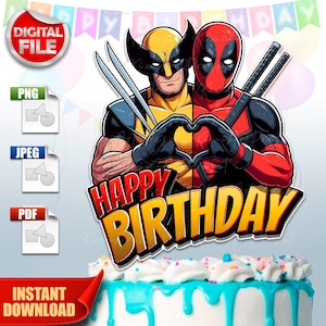 Decorazione per torta Deadpool e Wolverine, festeggiato, file digitale jpg, pdf, png