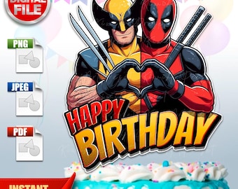 Adorno para tarta de Deadpool y Wolverine, cumpleañero, archivo digital jpg, pdf, png