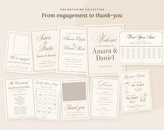 Könnte beinhalten: Eine Sammlung von cremefarbenen Hochzeitspapeterie-Artikeln mit dunkelbraunem Text, darunter ein Save-the-Date, eine Einladung, ein Willkommensschild, ein Sitzplan, ein Programm, eine Brautparty-Bingokarte, eine Dankeskarte, ein Menü und eine Getränkekarte.