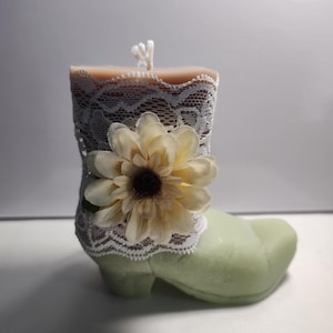 Handmade cowboy boot candle, coffee cake scent