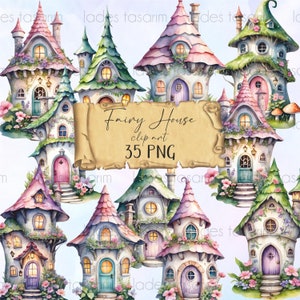 Fairy Houses Clipart , Fantasy Fairy Tale Art , Digital Download, Fairy Houses Watercolor Clipart, Magical Fairy Cottages