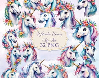 Watercolor Unicorn Clipart, Floral Unicorn PNG Images (Digital Download)