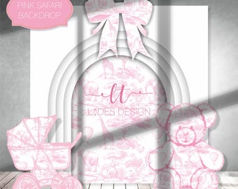 Roze safari toile de jouy-achtergrond: babyshowerdecoratie (digitale download)
