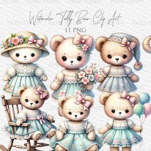 Watercolor Teddy Bear Clipart , Teddy Bear Clipart For Girls, Girl Bears PNG, Cute Teddy Bear, Instant Digital Download
