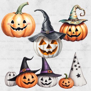 K&ouml;nnte beinhalten: Ein Set aus f&uuml;nf Halloween-k&uuml;rbissen, einige mit Hexenh&uuml;ten und andere mit Sternen. Die K&uuml;rbisse sind in Orange, Wei&szlig; und Schwarz mit verschiedenen Gesichtsausdr&uuml;cken bemalt.