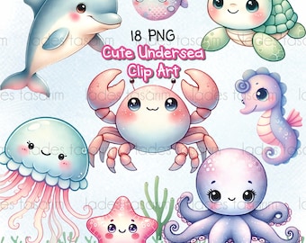 Watercolor Sea Animals Clipart, Undersea PNG Illustrations (Digital Download)