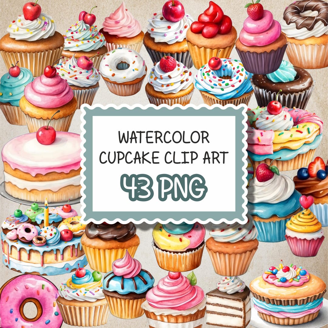 Cupcake Watercolor Clipart , Instant Download PNG, Cupcakes Bundle ...