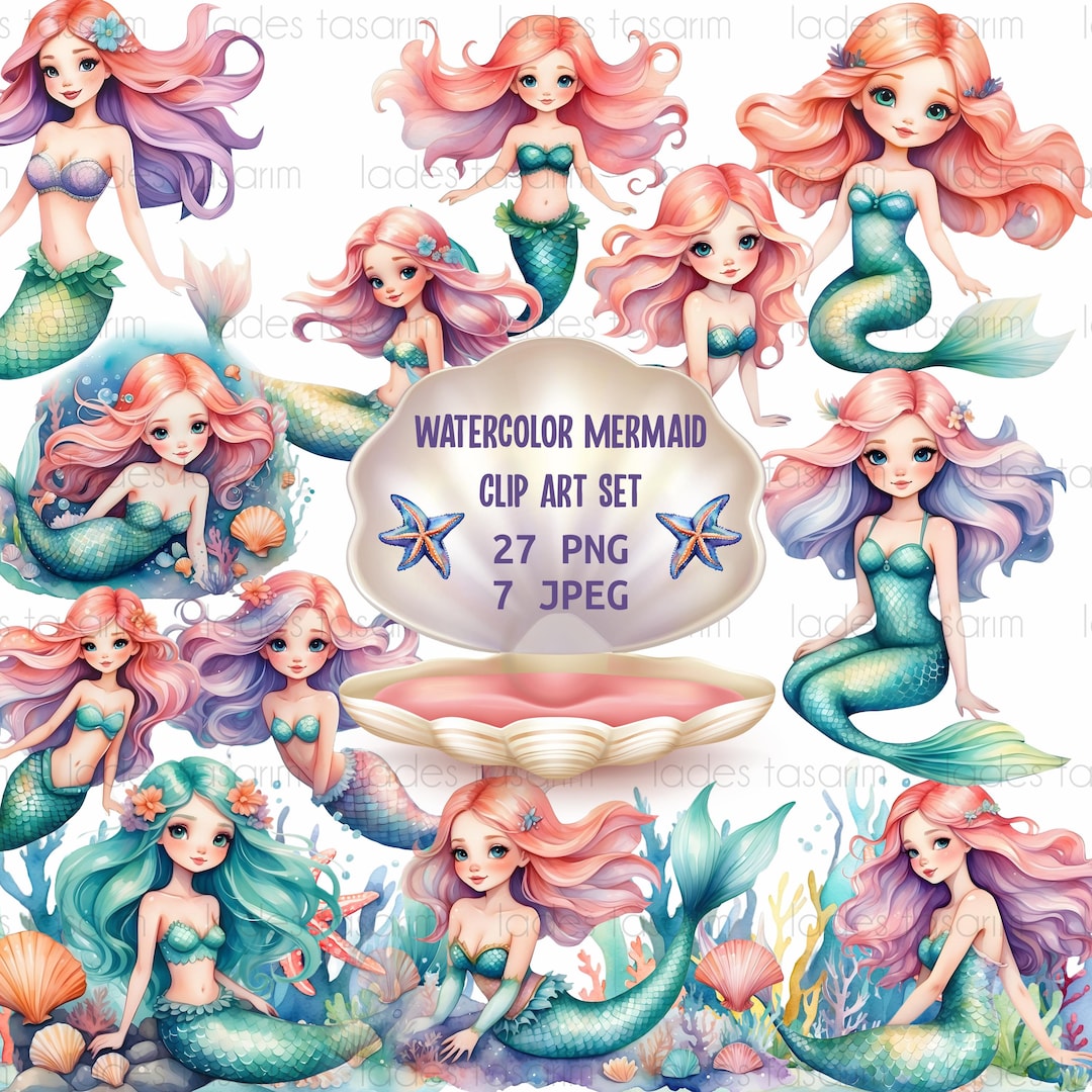 Watercolor Mermaid Clipart Set, Nursery PNG Images (digital Download - Etsy