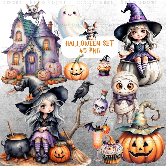Watercolor Halloween Clipart Bundle, Spooky PNG Images (Digital Download)