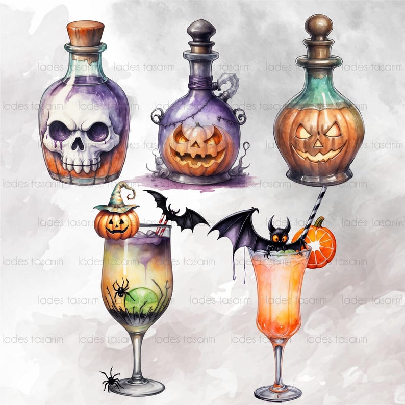 K&ouml;nnte beinhalten: Drei Glasflaschen mit Halloween-Motiven. Die Flaschen sind mit lila, gr&uuml;ner und orangefarbener Fl&uuml;ssigkeit gef&uuml;llt. Die Flaschen sind mit einem Totenkopf, einem K&uuml;rbisgesicht und einem K&uuml;rbis verziert. Zwei Gl&auml;ser mit Halloween-Cocktails. Ein Glas hat ein gr&uuml;nes und gelbes Getr&auml;nk mit einem kleinen K&uuml;rbis und einer Spinne am Rand. Das andere Glas hat ein orangefarbenes Getr&auml;nk mit einer Fledermaus und einer Orangenscheibe am Rand.