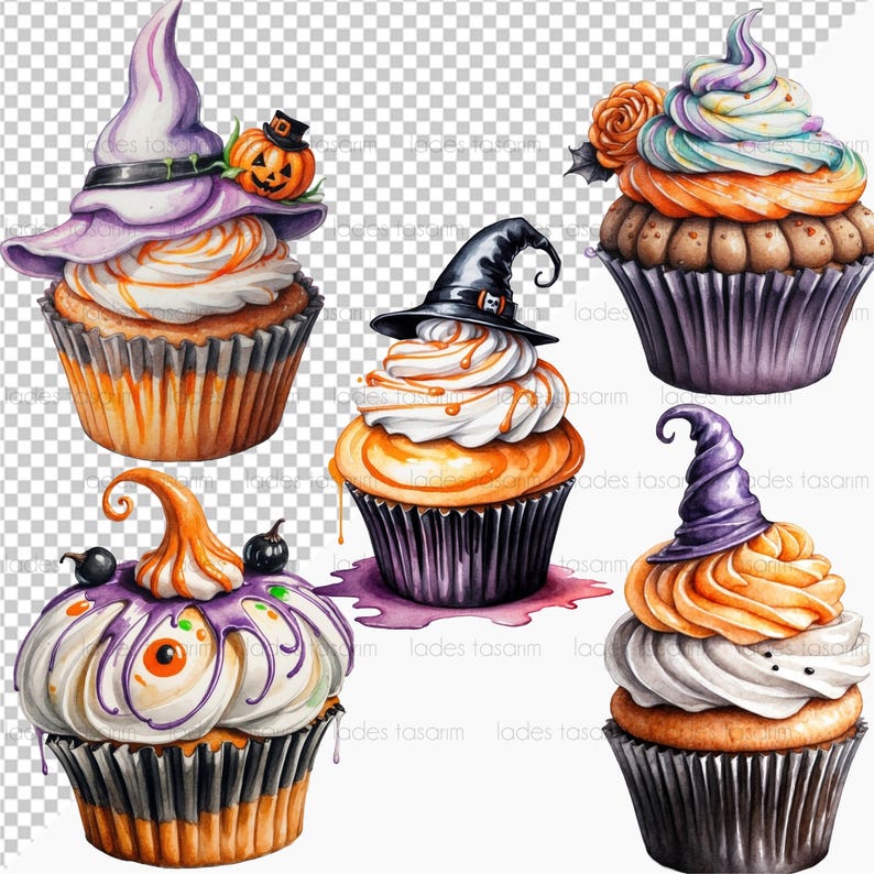 K&ouml;nnte beinhalten: F&uuml;nf Halloween-Cupcakes, verziert mit lila, orange und wei&szlig;em Frosting. Jeder Cupcake hat einen anderen Hexenhut-Topper, darunter einen K&uuml;rbis, einen schwarzen Hut und einen lila Hut.