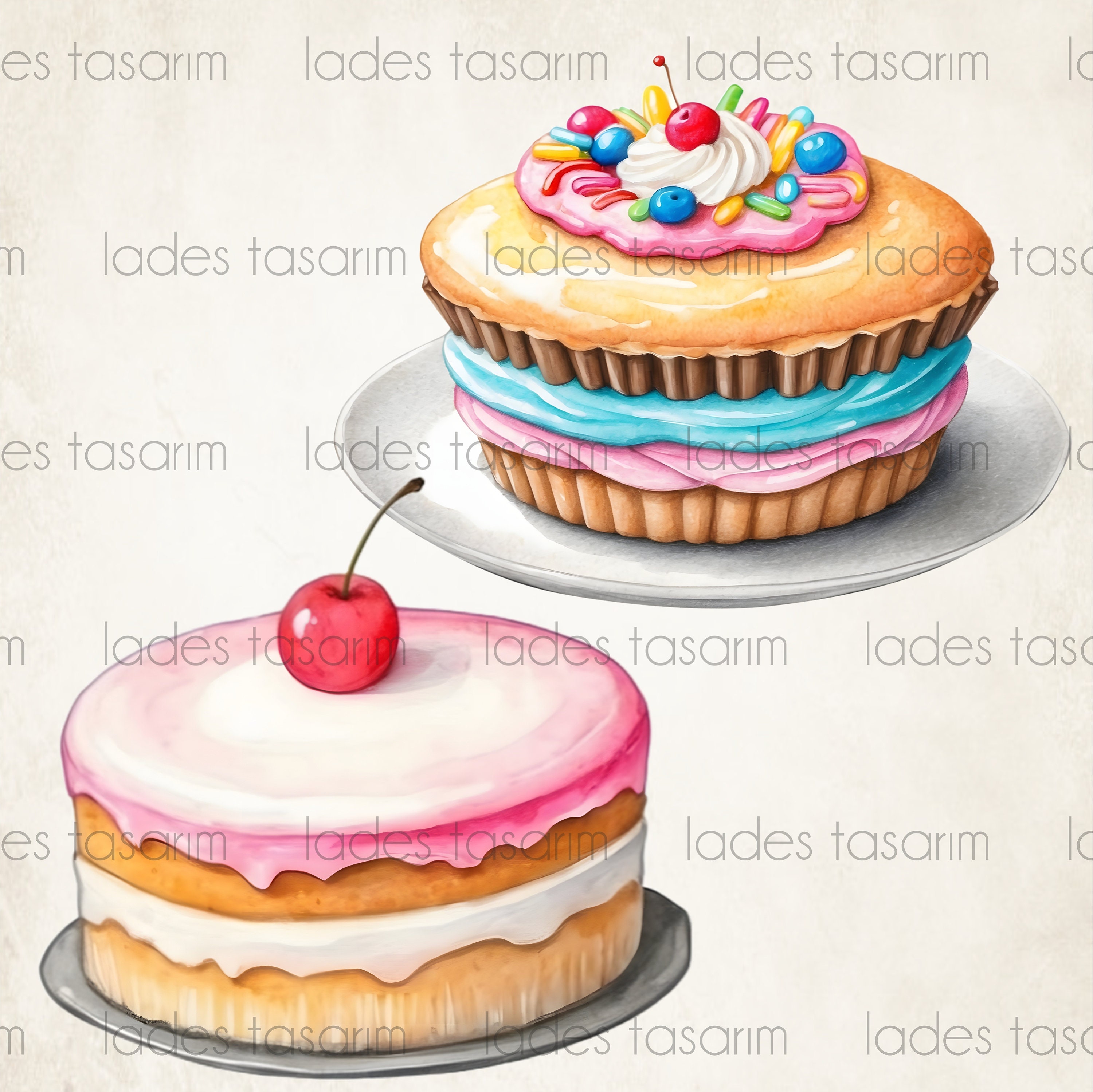 Cupcake Watercolor Clipart , Instant Download PNG, Cupcakes Bundle ...