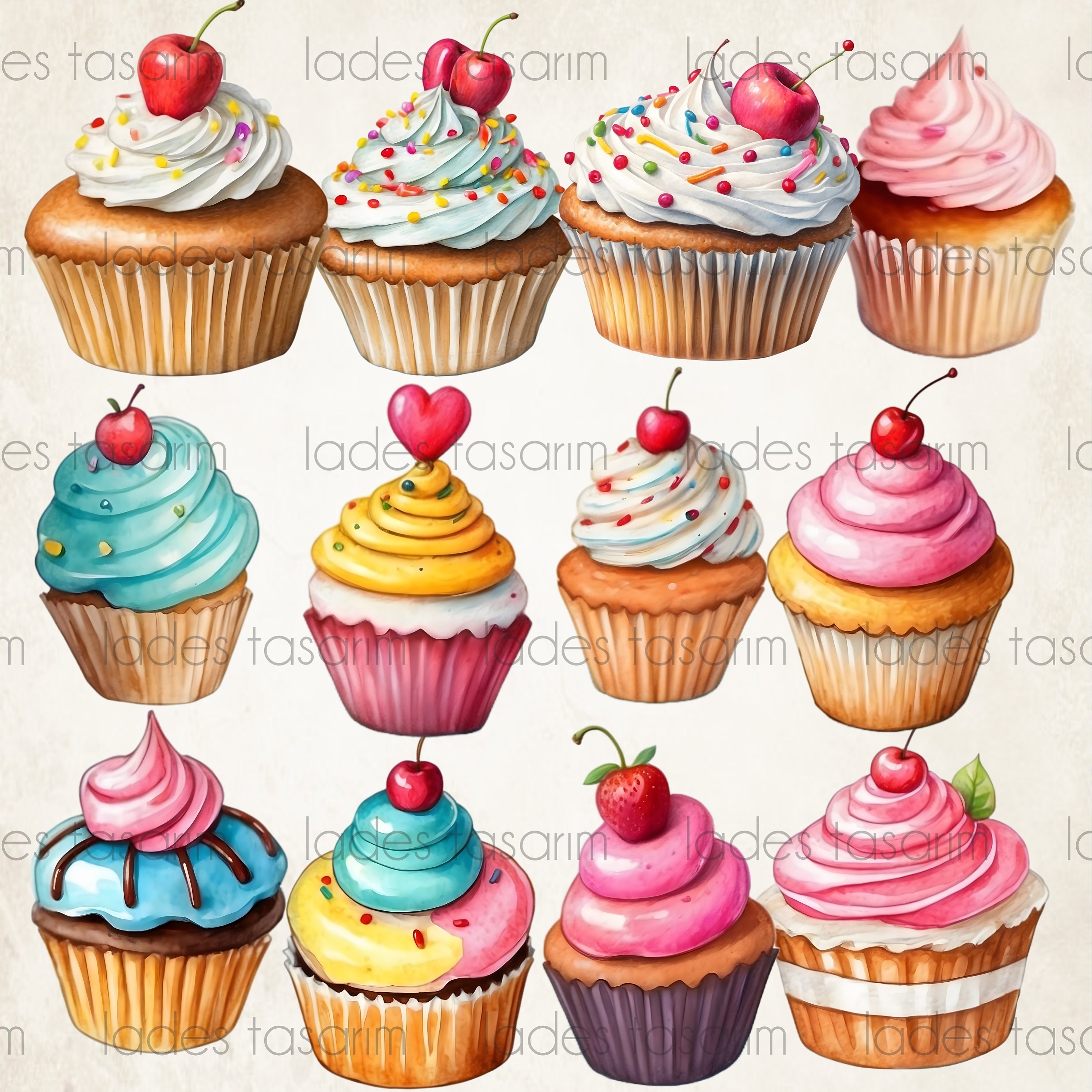 Cupcake Watercolor Clipart , Instant Download PNG, Cupcakes Bundle ...