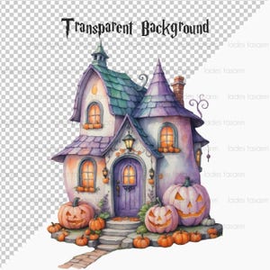 K&ouml;nnte beinhalten: Eine fantasievolle Aquarell-Illustration eines lila und gr&uuml;nen Halloween-Hauses mit einem spitzen Dach und einer lila T&uuml;r. Das Haus ist von geschnitzten K&uuml;rbissen mit orangefarbenen und gelben Akzenten umgeben.