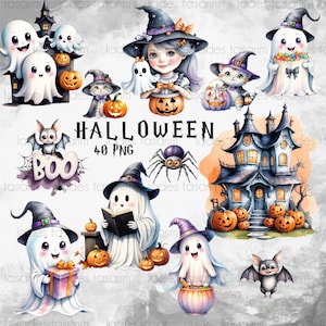 Watercolor Cute Halloween Clipart , Happy Halloween Clip Art , Digital Download ,  Halloween Clipart Bundle , Spooky Halloween Clip Art