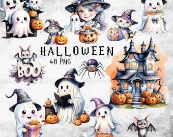 Aquarell Halloween Clipart, Geist, Spinne, Fledermaus PNG Bundle (digitaler Download)