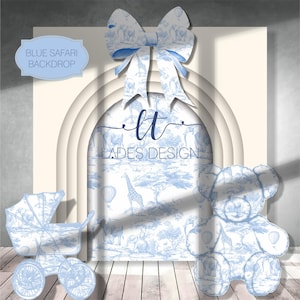 Blue Safari Toile de Jouy Backdrop with Bow, Teddy Bear, Baby Carriage | Safari Baby Shower Party Decor | Digital Download