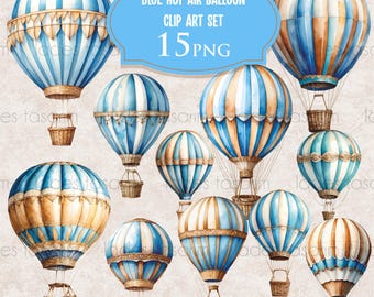 Blue Watercolor Hot Air Balloon Clipart: 15 PNG Illustrations (Digital Download)
