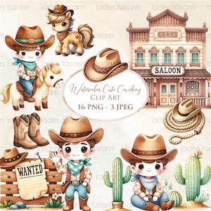 Watercolor Cute Cowboy Clipart , Baby Boy Cowboy Clipart , Cowboy PNG , Wild West Png , Cowboy Boots, Instant Digital Download
