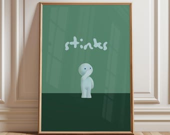 Pode incluir: Um cartaz verde com um personagem azul claro com uma mão sobre a boca. O texto "stinks" está escrito em uma fonte azul claro e borbulhante acima do personagem.