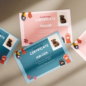 Adoptiecertificaat voor huisdieren | Afdrukbaar adoptiecertificaat hond bewerkbaar | Geboorteakte hond | Adoptiekaart | Bewerkbare canvassjabloon
