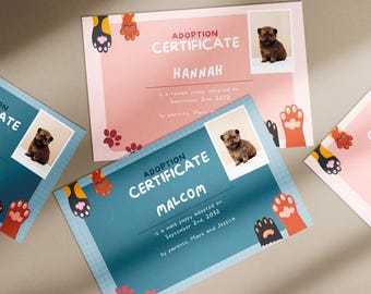 Pet Adoption Certificate | Printable Dog Adoption Certificate Editable | Dog Birth Certificate | Adoption Card | Editable Canva Template
