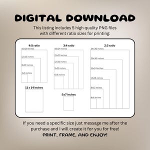 Puede incluir: Una lista de descarga digital para cinco archivos PNG de alta calidad con diferentes relaciones de aspecto, incluyendo 4:5, 3:4 y 2:3. La imagen muestra los diferentes tama&ntilde;os disponibles en pulgadas, como 16x20, 12x15, 8x10 y 4x5 para la relaci&oacute;n 4:5.