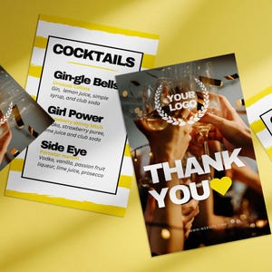 Cartão de boas-vindas para festa e folheto de lista de coquetéis, modelo Canva, produto digital, editável e pronto para impressão