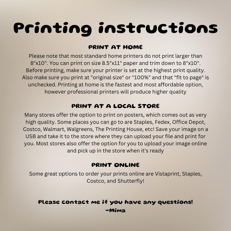 Puede incluir: Un p&oacute;ster imprimible con instrucciones sobre c&oacute;mo imprimir en casa, en una tienda local o en l&iacute;nea. El p&oacute;ster incluye el texto "Instrucciones de impresi&oacute;n", "Imprime en casa", "Imprime en una tienda local" y "Imprime en l&iacute;nea".