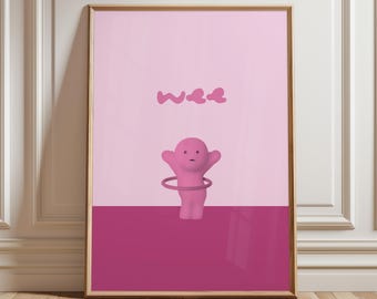 May include: A pink cartoon character with a sad expression is holding a pink hula hoop. The character is standing on a pink background with the word "well" written in pink above it.