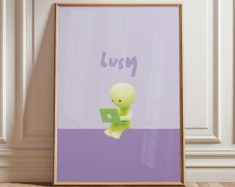 May include: A digital illustration of a green cartoon character sitting on a purple background with a laptop. The text "Lusy" is written in purple above the character.