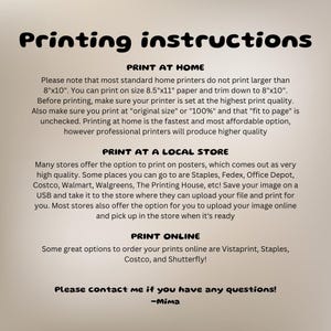 Puede incluir: Un p&oacute;ster imprimible con instrucciones sobre c&oacute;mo imprimir en casa, en una tienda local o en l&iacute;nea. El p&oacute;ster incluye el texto "Instrucciones de impresi&oacute;n" y enumera las opciones de impresi&oacute;n en diferentes tama&ntilde;os, incluyendo 8x10 pulgadas.