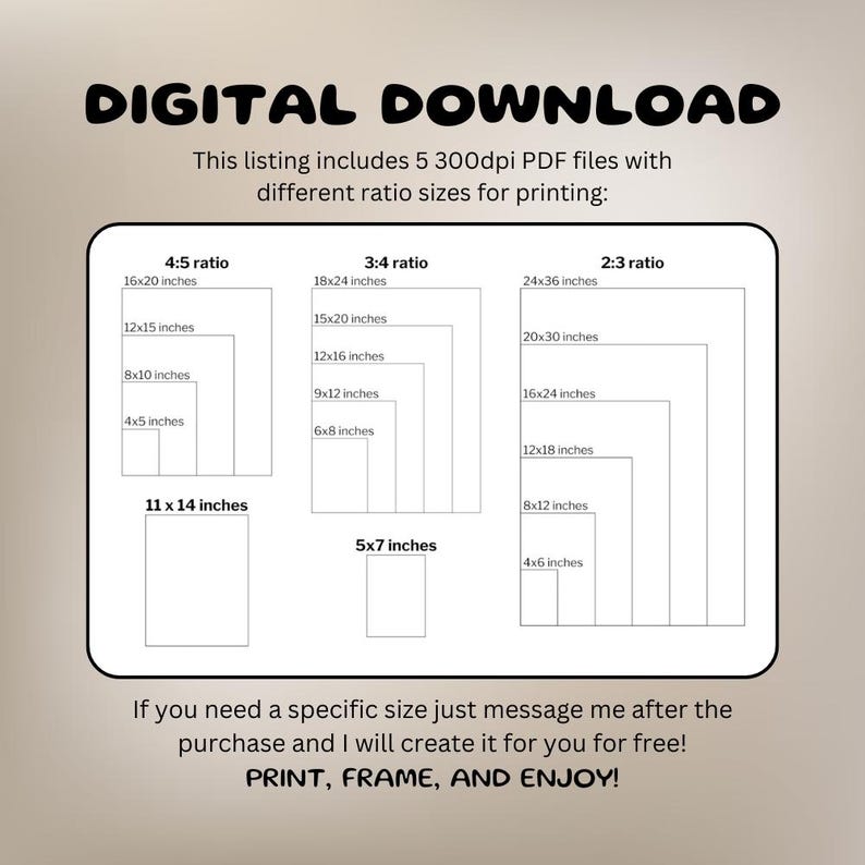 Puede incluir: Una lista de descarga digital para 5 archivos PDF imprimibles de diferentes relaciones de aspecto. La imagen muestra un gr&aacute;fico con diferentes tama&ntilde;os en pulgadas para cada relaci&oacute;n: 4:5, 3:4 y 2:3. El texto dice "Descarga digital" y "Esta lista incluye 5 archivos PDF de 300 ppp con diferentes tama&ntilde;os de relaci&oacute;n para imprimir".