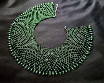 Green Beaded Collar Necklace with Aventurine Stones — Handmade Statement Bib Necklace